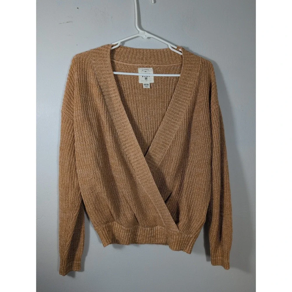 Billabong Sweet Bliss Surplice Sweater Size Medium Brown Open Knit V-Neck